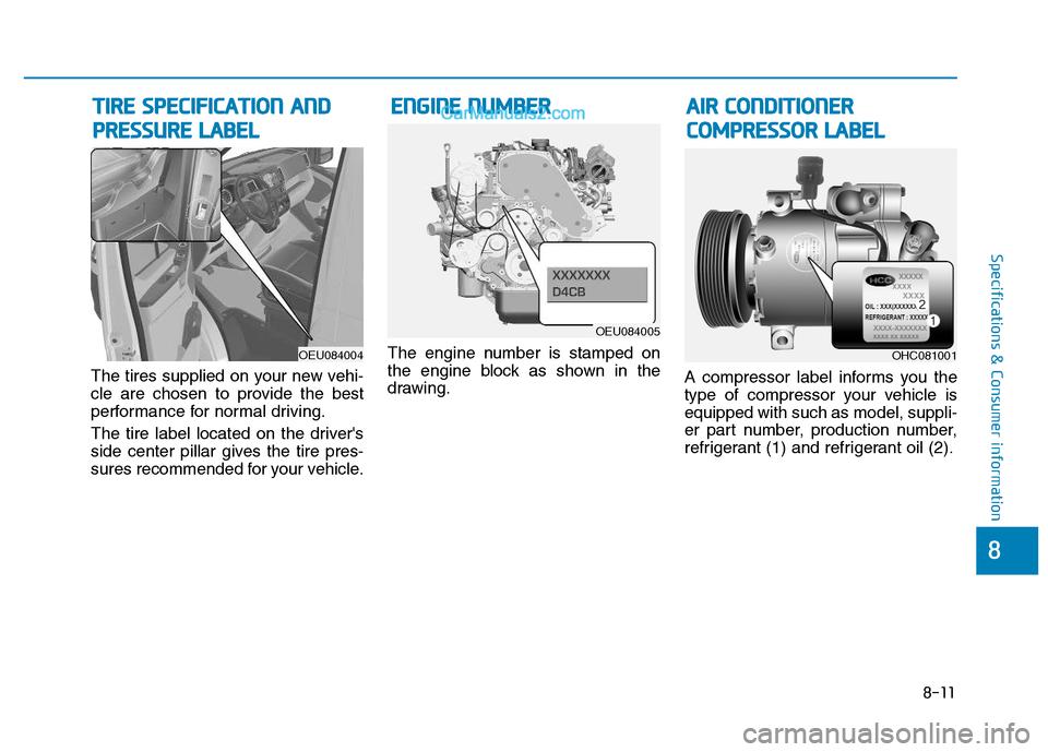 Hyundai H350 2015  Owners Manual 8-11
8
Specifications & Consumer information
The tires supplied on your new vehi- 
cle are chosen to provide the best
performance for normal driving. 
The tire label located on the drivers 
side cent