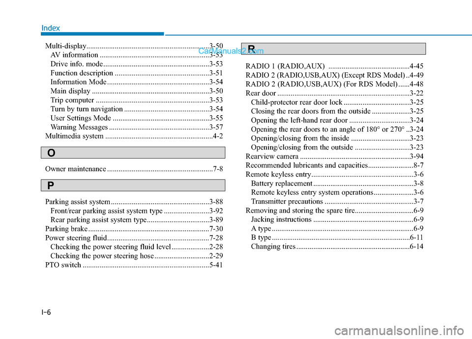 Hyundai H350 2015  Owners Manual I-6Multi-display.................................................................3-50
AV information ..........................................................3-53 
Drive info. mode ..................