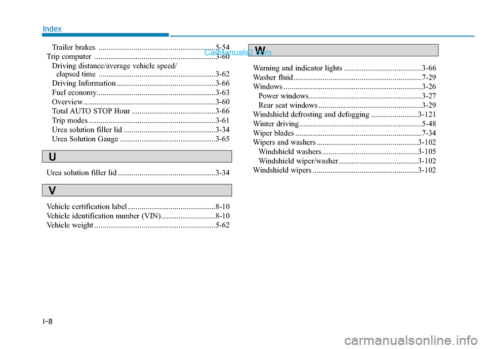 Hyundai H350 2015  Owners Manual I-8Trailer brakes  ............................................................5-54
Trip computer  ..............................................................3-60 Driving distance/average vehicle s
