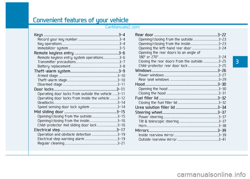 Hyundai H350 2015  Owners Manual Convenient features of your vehicle
Keys .........................................................................3-4Record your key number ................................................3-4 
Key ope