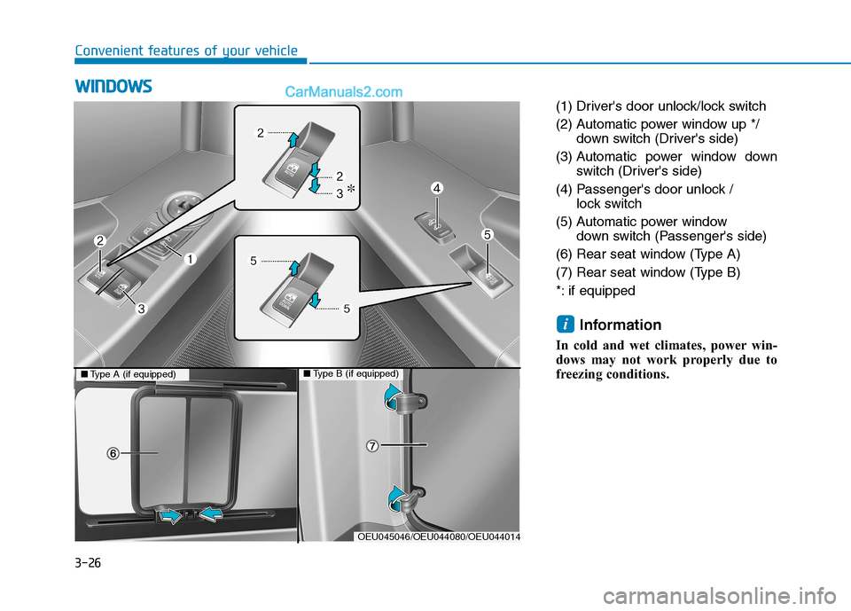 Hyundai H350 2015  Owners Manual 3-26
Convenient features of your vehicle
(1) Drivers door unlock/lock switch 
(2) Automatic power window up */down switch (Drivers side)
(3) Automatic power window down switch (Drivers side)
(4) Pa