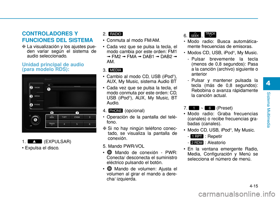 Hyundai H350 2015 Manual del propietario (in Spanish) 4-15
Sistema Multimedia
4
CONTROLADORES Y FUNCIONES DEL SISTEMA
hLa visualización y los ajustes pue-
den variar según el sistema de
audio seleccionado.
Unidad principal de audio (para modelo RDS):
Hyundai H350 2015 Manual del propietario (in Spanish) 4-15
Sistema Multimedia
4
CONTROLADORES Y FUNCIONES DEL SISTEMA
hLa visualización y los ajustes pue-
den variar según el sistema de
audio seleccionado.
Unidad principal de audio (para modelo RDS):