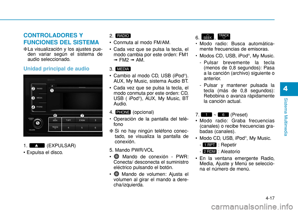 Hyundai H350 2015  Manual del propietario (in Spanish) 4-17
Sistema Multimedia
4
CONTROLADORES Y FUNCIONES DEL SISTEMA
hLa visualización y los ajustes pue-
den variar según el sistema de 
audio seleccionado.
Unidad principal de audio
1. (EXPULSAR) 
 2. 