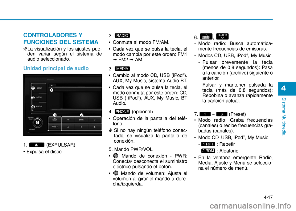 Hyundai H350 2015 Manual del propietario (in Spanish) 4-17
Sistema Multimedia
4
CONTROLADORES Y FUNCIONES DEL SISTEMA
hLa visualización y los ajustes pue-
den variar según el sistema de
audio seleccionado.
Unidad principal de audio
1. (EXPULSAR)
2. Hyundai H350 2015 Manual del propietario (in Spanish) 4-17
Sistema Multimedia
4
CONTROLADORES Y FUNCIONES DEL SISTEMA
hLa visualización y los ajustes pue-
den variar según el sistema de
audio seleccionado.
Unidad principal de audio
1. (EXPULSAR)
2.