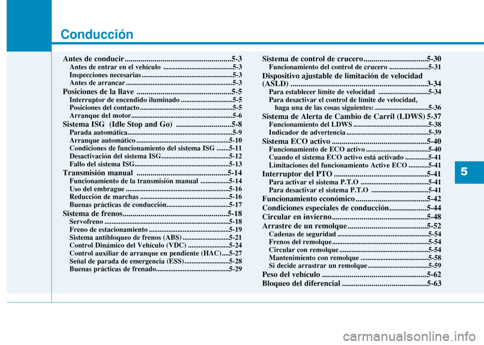 Hyundai H350 2015  Manual del propietario (in Spanish) Conducción
Antes de conducir ......................................................5-3Antes de entrar en el vehículo  .......................................5-3 
Inspecciones necesarias ............