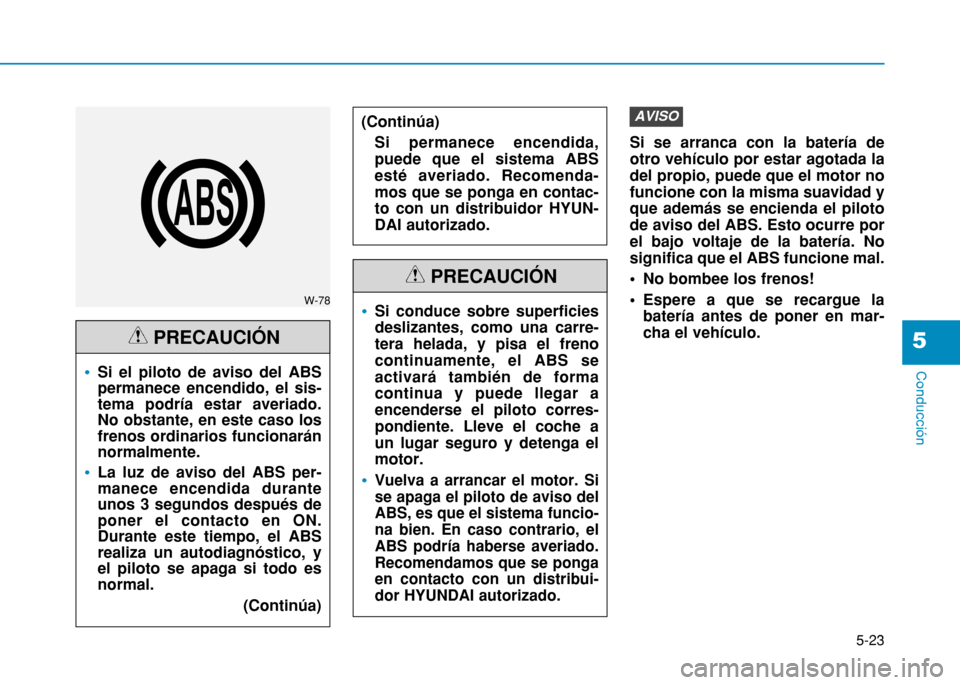 Hyundai H350 2015  Manual del propietario (in Spanish) 5-23
Conducción
5
Si se arranca con la batería de otro vehículo por estar agotada ladel propio, puede que el motor nofuncione con la misma suavidad yque además se encienda el pilotode aviso del AB