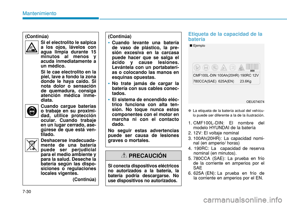 Hyundai H350 2015  Manual del propietario (in Spanish) Etiqueta de la capacidad de la batería
La etiqueta de la batería actual del vehícu- lo puede ser diferente a la de la ilustración.
1. CMF100L-DIN: El nombre del modelo HYUNDAI de la batería
2. 1