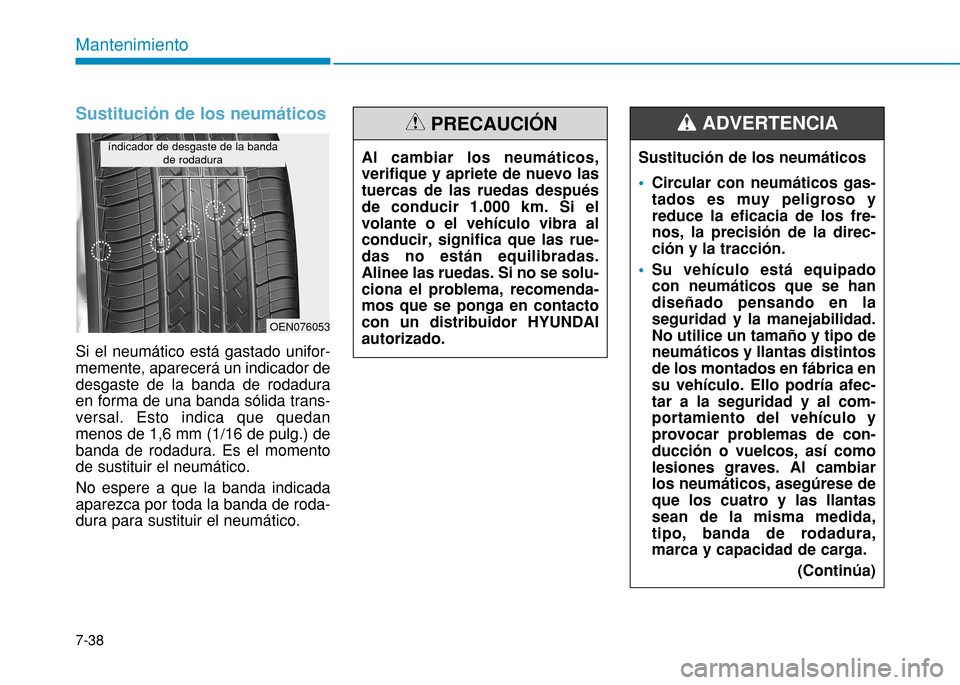 Hyundai H350 2015  Manual del propietario (in Spanish) 7-38
Mantenimiento
Sustitución de los neumáticos
Si el neumático está gastado unifor- memente, aparecerá un indicador dedesgaste de la banda de rodaduraen forma de una banda sólida trans-versal.