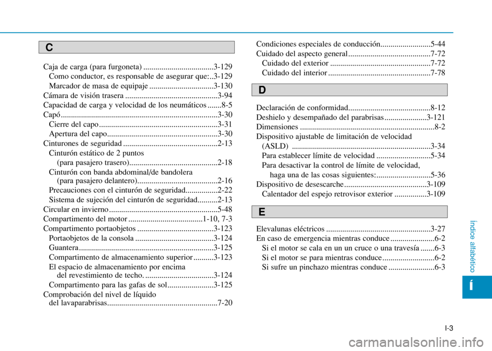 Hyundai H350 2015  Manual del propietario (in Spanish) I-3
Caja de carga (para furgoneta) ...................................3-129
Como conductor, es responsable de asegurar que:..3-129 
Marcador de masa de equipaje ................................3-130
C