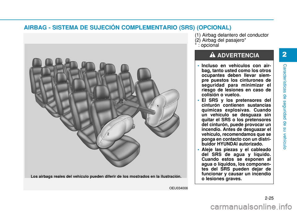 Hyundai H350 2015  Manual del propietario (in Spanish) 2-25
Características de seguridad de su vehículo
2
(1) Airbag delantero del conductor (2) Airbag del pasajero** : opcional
AIRBAG - SISTEMA DE SUJECIÓN COMPLEMENTARIO (SRS) (OPCIONAL)
OEU034006
Los