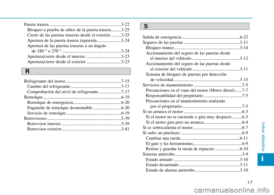 Hyundai H350 2015  Manual del propietario (in Spanish) I-7
Puerta trasera ................................................................3-22
Bloqueo a prueba de niños de la puerta trasera.........3-25 
Cierre de las puertas traseras desde el exterior. 