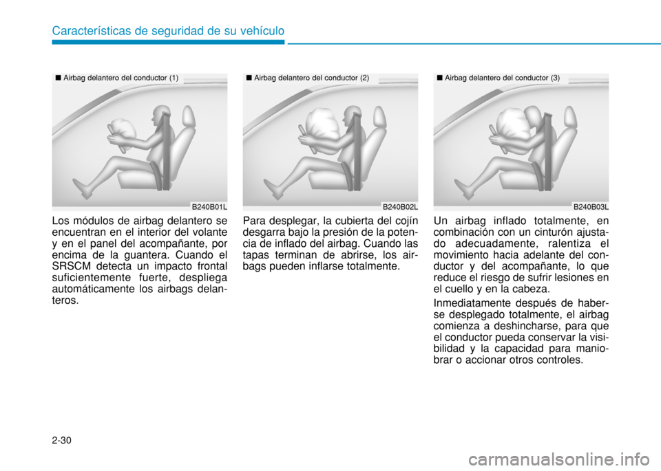 Hyundai H350 2015  Manual del propietario (in Spanish) 2-30
Características de seguridad de su vehículo
Los módulos de airbag delantero se encuentran en el interior del volantey en el panel del acompañante, porencima de la guantera. Cuando elSRSCM det