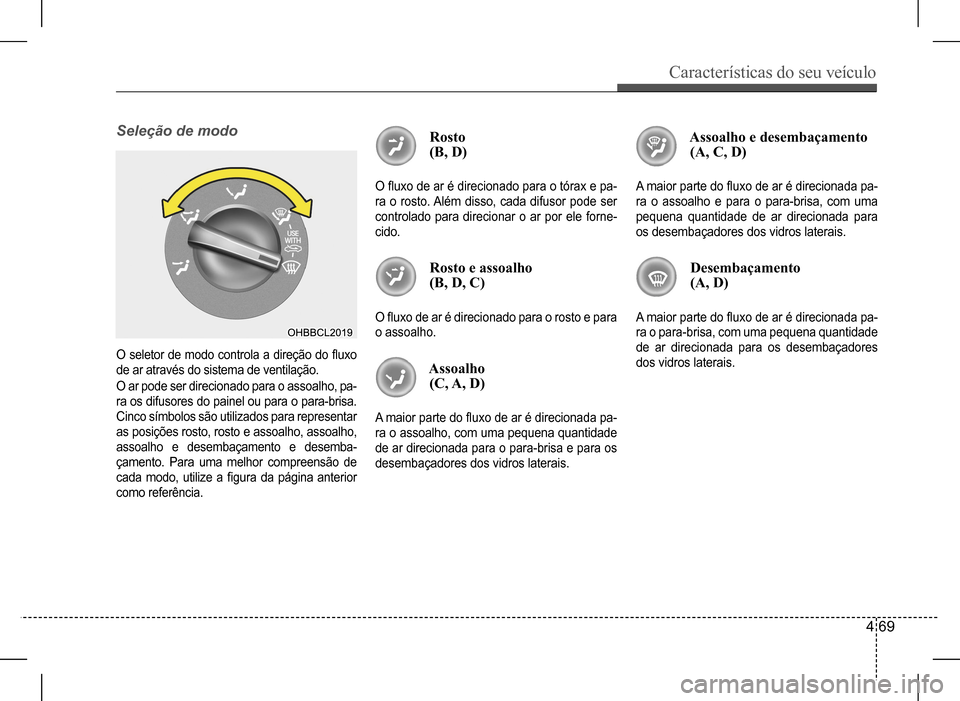Hyundai HB20 2017 Manual do proprietário (in Portuguese) Características do seu veículo
4 69
Seleção de modo
O seletor de modo controla a direção do fluxo
de ar através do sistema de ventilação.
O ar pode ser direcionado para o assoalho, pa-
ra Hyundai HB20 2017 Manual do proprietário (in Portuguese) Características do seu veículo
4 69
Seleção de modo
O seletor de modo controla a direção do fluxo
de ar através do sistema de ventilação.
O ar pode ser direcionado para o assoalho, pa-
ra