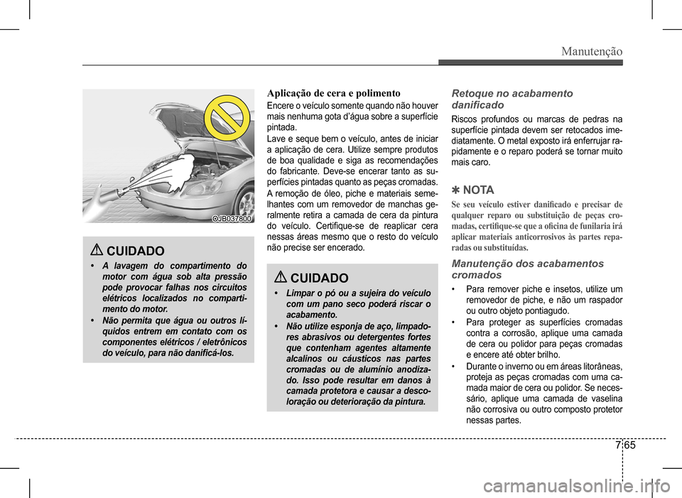 Hyundai HB20 2017  Manual do proprietário (in Portuguese) Manutenção
7 65
 CUIDADO
•	A	lavagem	do	compartimento	do	
motor	com	água	sob	alta	pressão	
pode	provocar	falhas	nos	circuitos	
elétricos	localizados	no	comparti-
mento	do	motor.
•	Não	permit