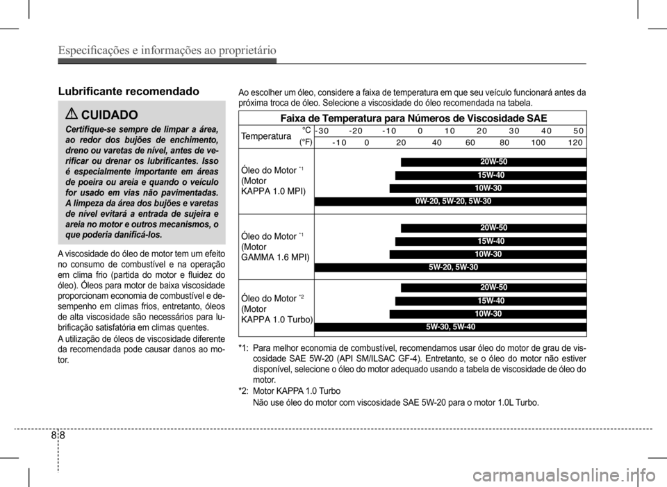 Hyundai HB20 2017 Manual do proprietário (in Portuguese) Especificações e informações ao proprietário
8 8
Lubrificante recomendado
A viscosidade do óleo de motor tem um efeito
no consumo de combustível e na operação
em clima frio (partida do Hyundai HB20 2017 Manual do proprietário (in Portuguese) Especificações e informações ao proprietário
8 8
Lubrificante recomendado
A viscosidade do óleo de motor tem um efeito
no consumo de combustível e na operação
em clima frio (partida do