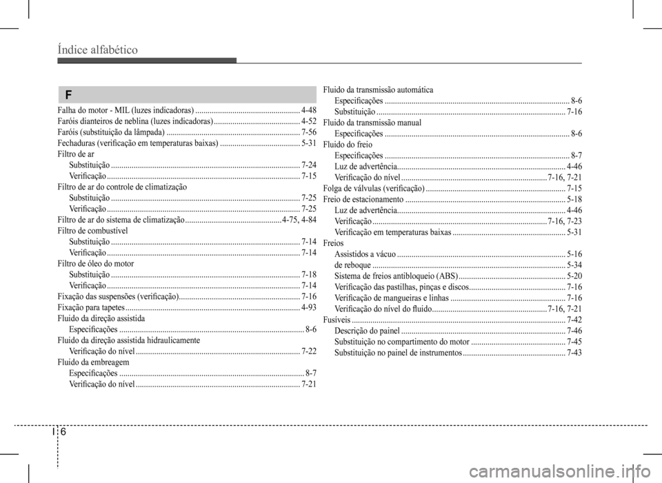 Hyundai HB20 2017  Manual do proprietário (in Portuguese) Índice alfabético
I  6
Fluido da transmissão automática
Especificações ..........................................................................................8-6
Substituição ..............