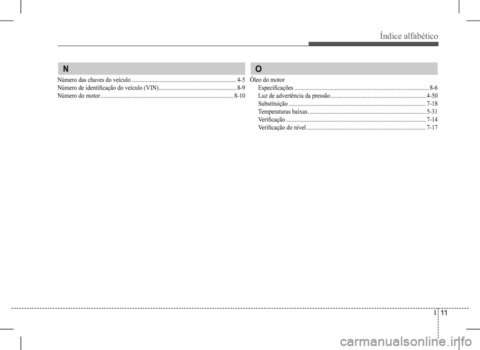 Hyundai HB20 2017  Manual do proprietário (in Portuguese) Índice alfabético 
I   11
 N
Número das chaves do veículo ......................................................................4-5
Número de identificação do veículo (VIN) ...................