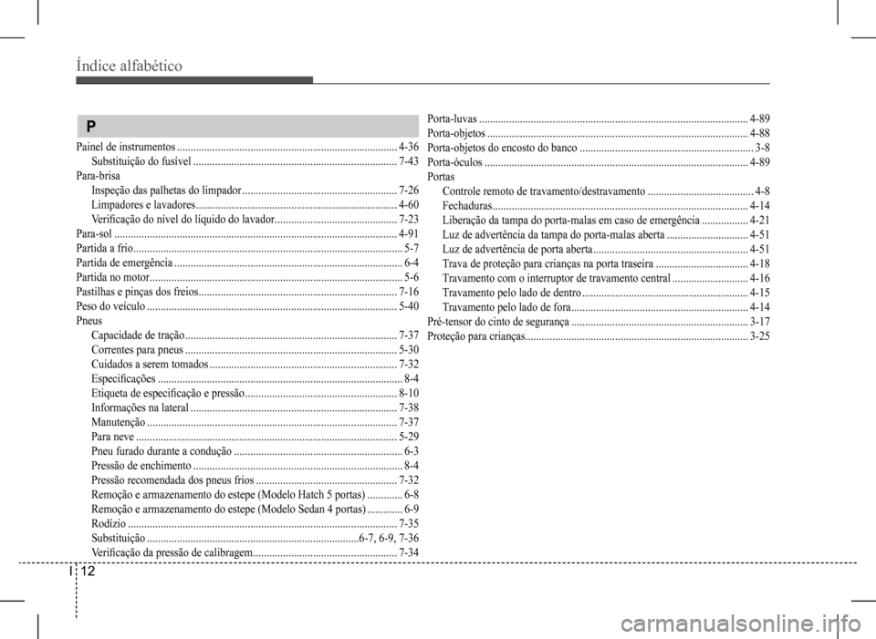Hyundai HB20 2017  Manual do proprietário (in Portuguese) Índice alfabético
I  12
 P
Painel de instrumentos .................................................................................4-36
Substituição do fusível ...................................
