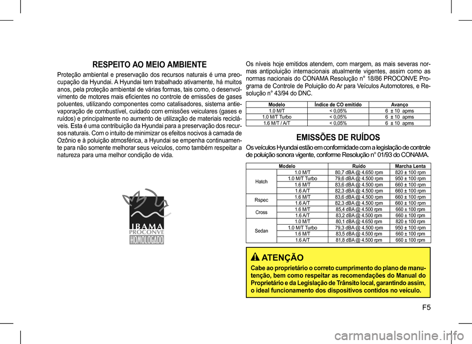 Hyundai HB20 2017  Manual do proprietário (in Portuguese) F5
RESPEITO AO MEIO AMBIENTE 
Proteção  ambiental  e  preservação  dos  recursos  naturais  é  uma  preo- 
cupação da Hyundai. A Hyundai tem trabalhado ativamente, há muitos 
anos, pela prote�