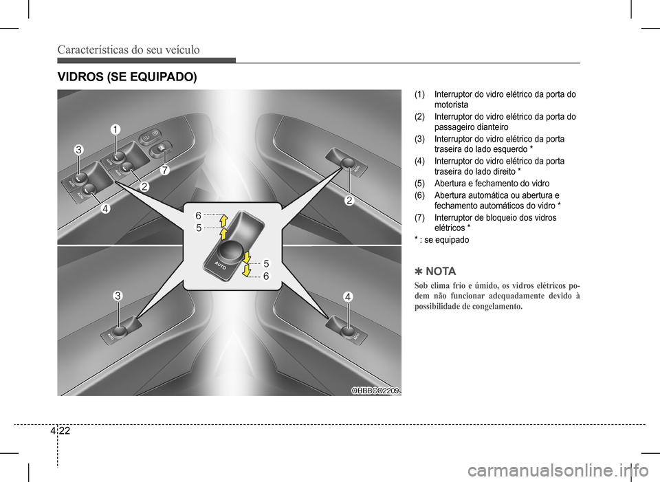 Hyundai HB20 2017 Manual do proprietário (in Portuguese) Características do seu veículo
4 22
(1) Interruptor do vidro elétrico da porta do
motorista
(2) Interruptor do vidro elétrico da porta do
passageiro dianteiro
(3) Interruptor do vidro elétrico Hyundai HB20 2017 Manual do proprietário (in Portuguese) Características do seu veículo
4 22
(1) Interruptor do vidro elétrico da porta do
motorista
(2) Interruptor do vidro elétrico da porta do
passageiro dianteiro
(3) Interruptor do vidro elétrico