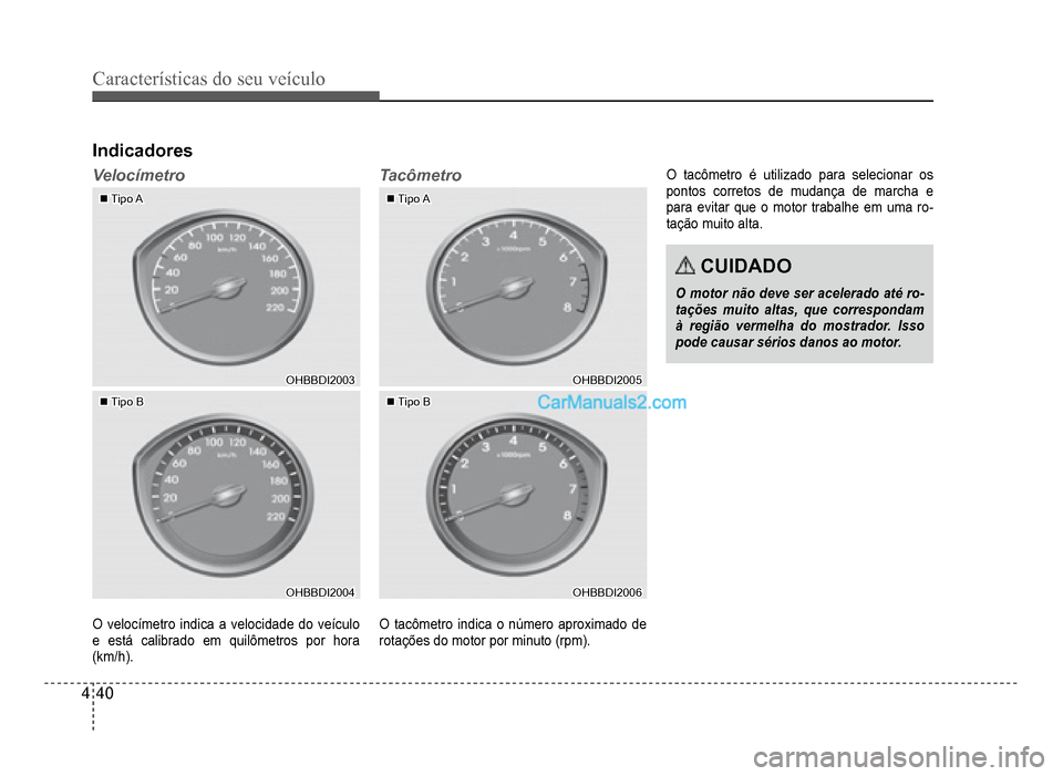 Hyundai HB20 2012  Manual do proprietário (in Portuguese) 4-40
Características do seu veículo 
Velocímetro
�„�„Tipo ATipo A
OHBBDI2003OHBBDI2003
�„�„Tipo BTipo B
OHBBDI2004OHBBDI2004
O velocímetro indica a velocidade do veículo
e está calibrado