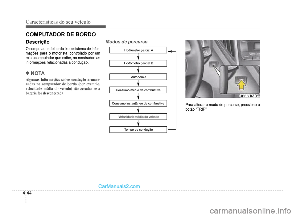 Hyundai HB20 2012  Manual do proprietário (in Portuguese) 4-44
Características do seu veículo 
Descrição
O computador de bordo é um sistema de infor-mações para o motorista, controlado por um
microcomputador que exibe, no mostrador, as
informações r