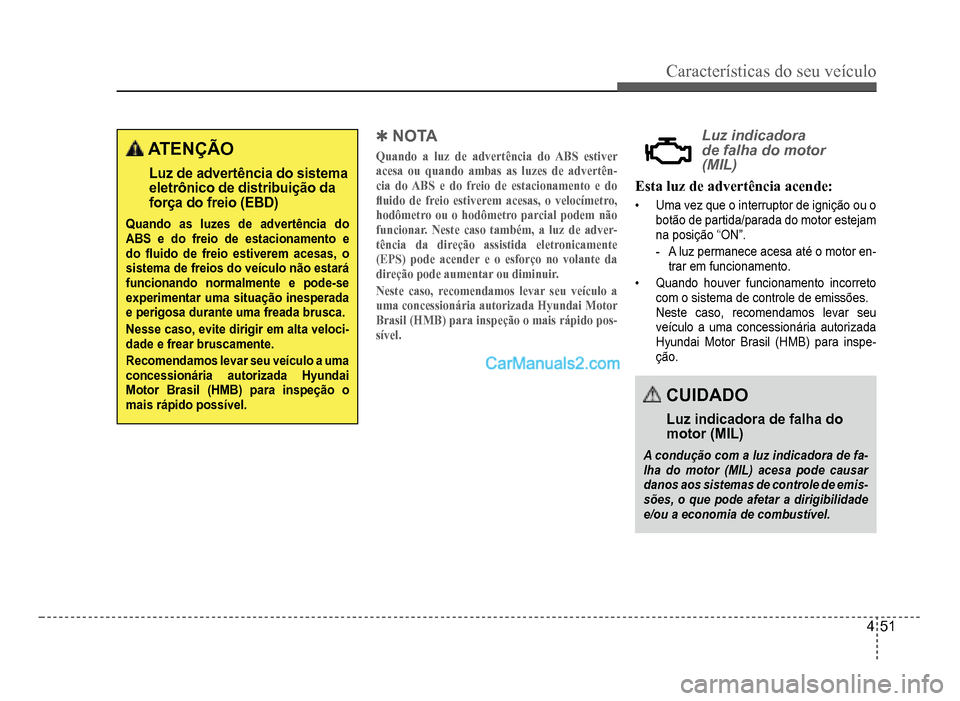 Hyundai HB20 2012  Manual do proprietário (in Portuguese) Características do seu veículo 
4-51
 ATENÇÃO
Luz de advertência do sistemaeletrônico de distribuição daforça do freio (EBD)
Quando as luzes de advertência do ABS e do freio de estacionament