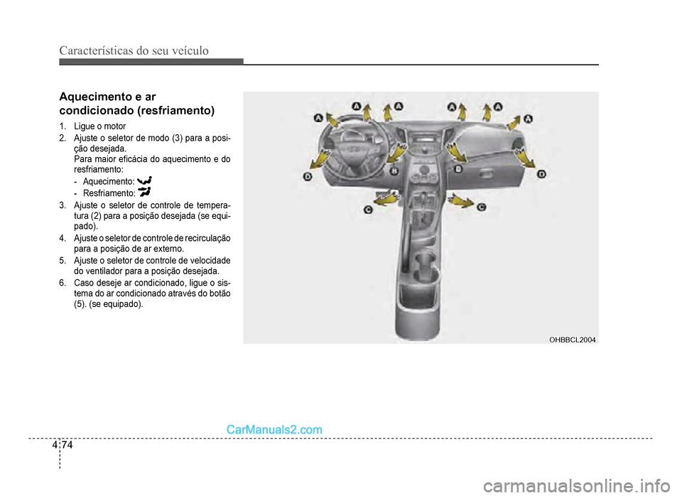 Hyundai HB20 2012  Manual do proprietário (in Portuguese) 4-74
Características do seu veículo 
Aquecimento e ar 
condicionado (resfriamento)
1.  Ligue o motor
2.
Ajuste o seletor de modo (3) para a posi-ção desejada.Para maior e�À cácia do aquecimento 