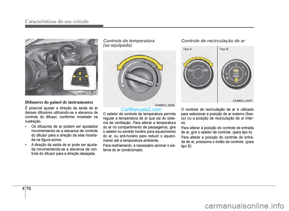 Hyundai HB20 2012  Manual do proprietário (in Portuguese) 4-76
Características do seu veículo 
OHBBCL2005OHBBCL2005
Difusores do painel de instrumentos
É possível ajustar a direção da saída de ar
de
sses difusores utilizando-se a alavanca de
controle 