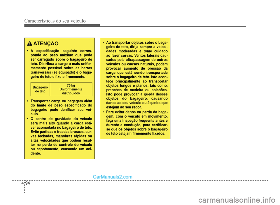 Hyundai HB20 2012  Manual do proprietário (in Portuguese) 4-94
Características do seu veículo 
ATENÇÃO
�‡A especi�À cação seguinte corres-ponde ao peso máximo que podeser carregado sobre o bagageiro de teto. Distribua a carga o mais unifor-
memente