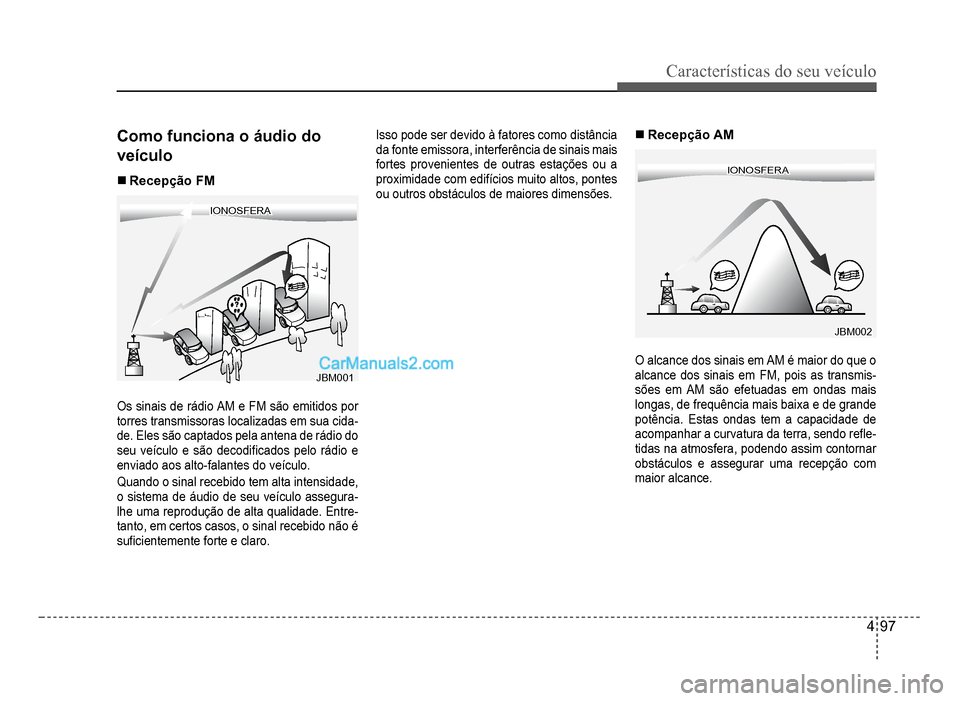 Hyundai HB20 2012  Manual do proprietário (in Portuguese) Características do seu veículo 
4-97
Como funciona o áudio do 
veículo
�„Recepção FM
ONOSFERAIONOSFERA
11JBM001JBM001
Os sinais de rádio AM e FM são emitidos por 
torre
s transmissoras local