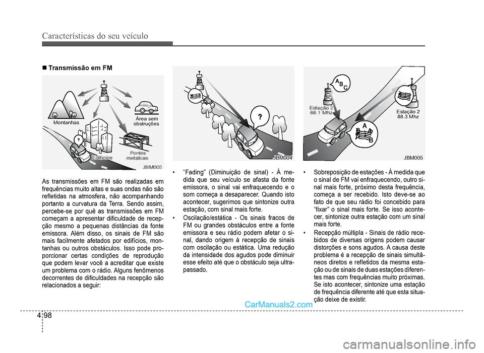 Hyundai HB20 2012  Manual do proprietário (in Portuguese) 4-98
Características do seu veículo 
�„Transmissão em FM
MontanhasMontanhasÁrea semÁrea semobstruçõesobstruções
As transmissões em FM são realizadas emfrequências muito altas e suas onda