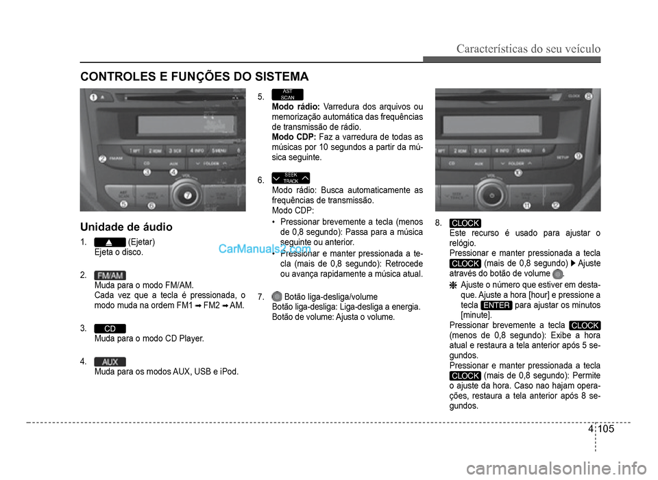 Hyundai HB20 2012  Manual do proprietário (in Portuguese) Características do seu veículo 
4-105
Unidade de áudio
1. (Ejetar)Ejeta o disco.
2.Muda para o modo FM/AM.
Cada vez que a tecla é pressionada, o 
m
odo muda na ordem FM1FM2AM.
3.CDMuda para o modo