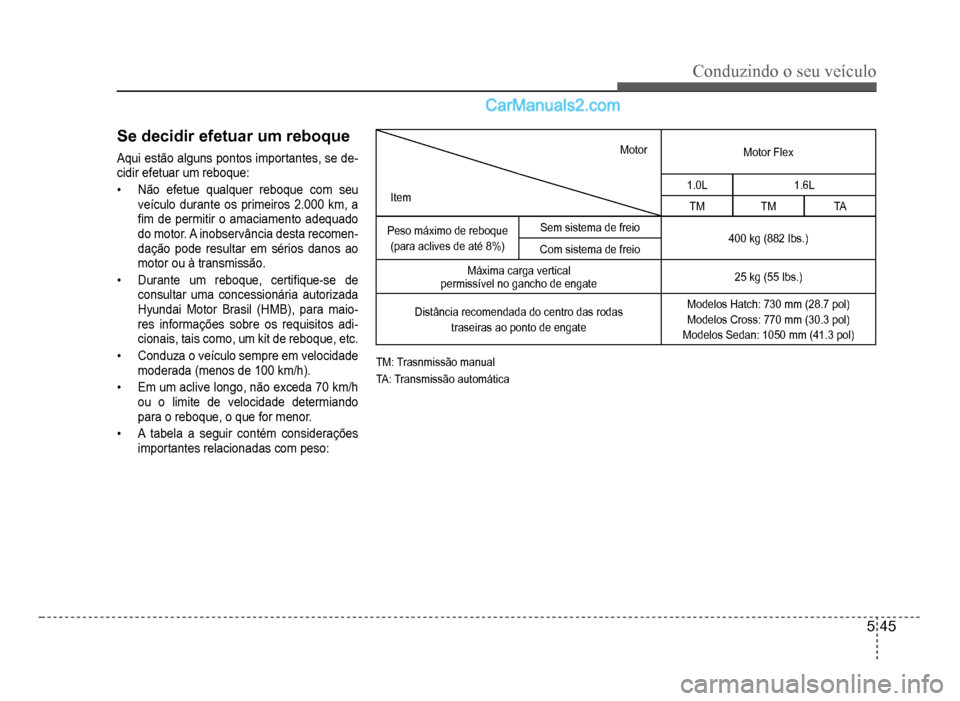 Hyundai HB20 2012  Manual do proprietário (in Portuguese) Conduzindo o seu veículo
5-45
Se decidir efetuar um reboque
Aqui estão alguns pontos importantes, se de-cidir efetuar um reboque:
�‡Não efetue qualquer reboque com seu
veículo durante os primeir