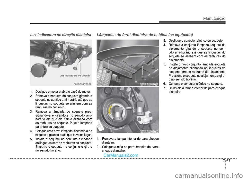 Hyundai HB20 2012  Manual do proprietário (in Portuguese) Manutenção
7-67
1.Desligue o motor e abra o capô do motor.
2.Remova o soquete do conjunto girando o
soquete no sentido anti-horário até que as
linguetas no soquete se alinhem com asranhuras no co