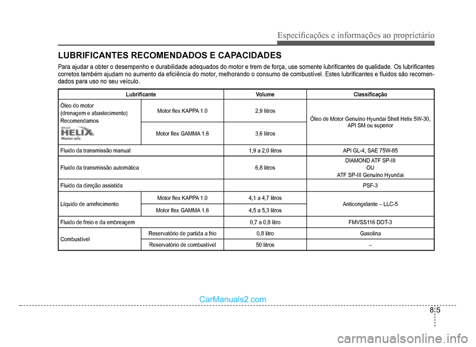 Hyundai HB20 2012  Manual do proprietário (in Portuguese) Especi�¿ cações e informações ao proprietário
8-5
Para ajudar a obter o desempenho e durabilidade adequados do motor e trem de força, use somente lubri�À cantes de qualidade. Os lubri�À cante