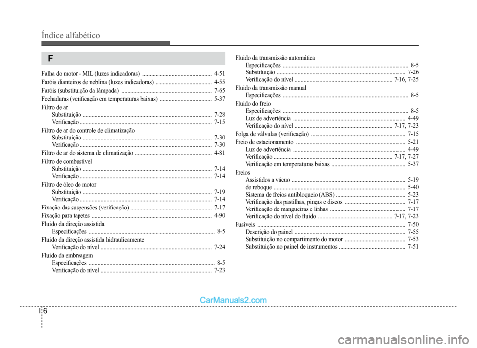 Hyundai HB20 2012 Manual do proprietário (in Portuguese) I-6
Índice alfabético
F
Falha do motor - MIL (luzes indicadoras)...............................................4-51
Faróis dianteiros de neblina
(luzes indicadoras)................................ Hyundai HB20 2012 Manual do proprietário (in Portuguese) I-6
Índice alfabético
F
Falha do motor - MIL (luzes indicadoras)...............................................4-51
Faróis dianteiros de neblina
(luzes indicadoras)................................