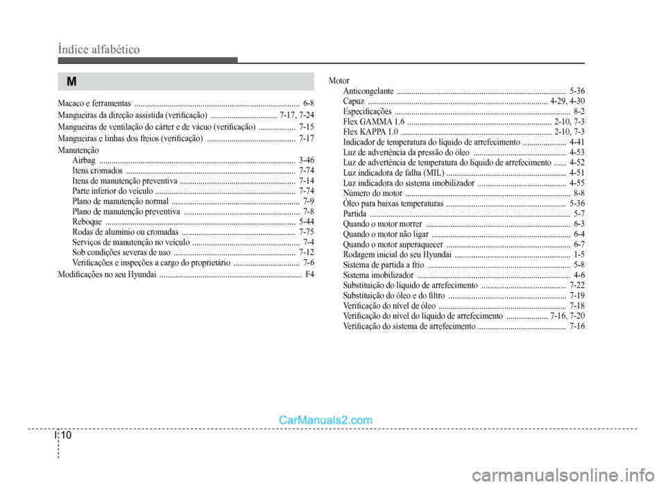 Hyundai HB20 2012  Manual do proprietário (in Portuguese) I-10
Índice alfabético
M
Macaco e ferramentas  ................................................................................6-8
Mangueiras da direção assistida (veri�À cação)  ..............