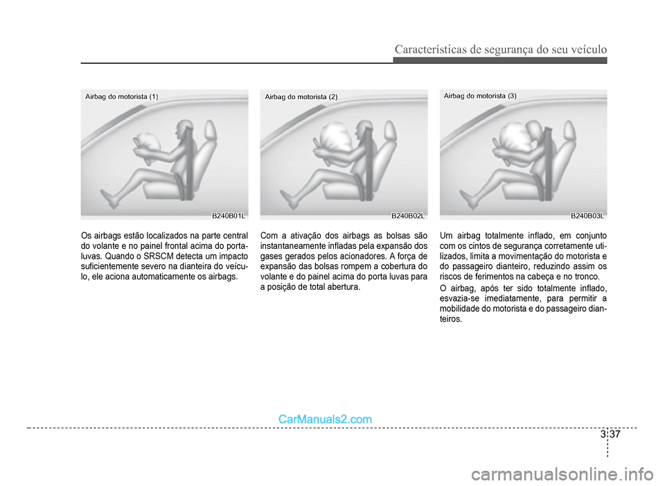 Hyundai HB20 2012  Manual do proprietário (in Portuguese) Características de segurança do seu veículo
3-37
Airbag do motorista (1)Airbag do motorista (1)
B240B01LB240B01L
Os airbags estão localizados na parte central 
do volante e no painel frontal acima
