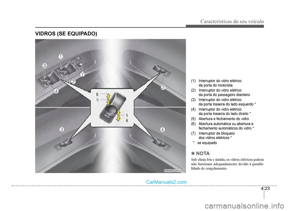 Hyundai HB20 2012  Manual do proprietário (in Portuguese) Características do seu veículo 
4-23
VIDROS (SE EQUIPADO)
(1)Interruptor do vidro elétrico
da porta do motorista
(2)Interruptor do vidro elétrico
da porta do passageiro dianteiro
(3)Interruptor do