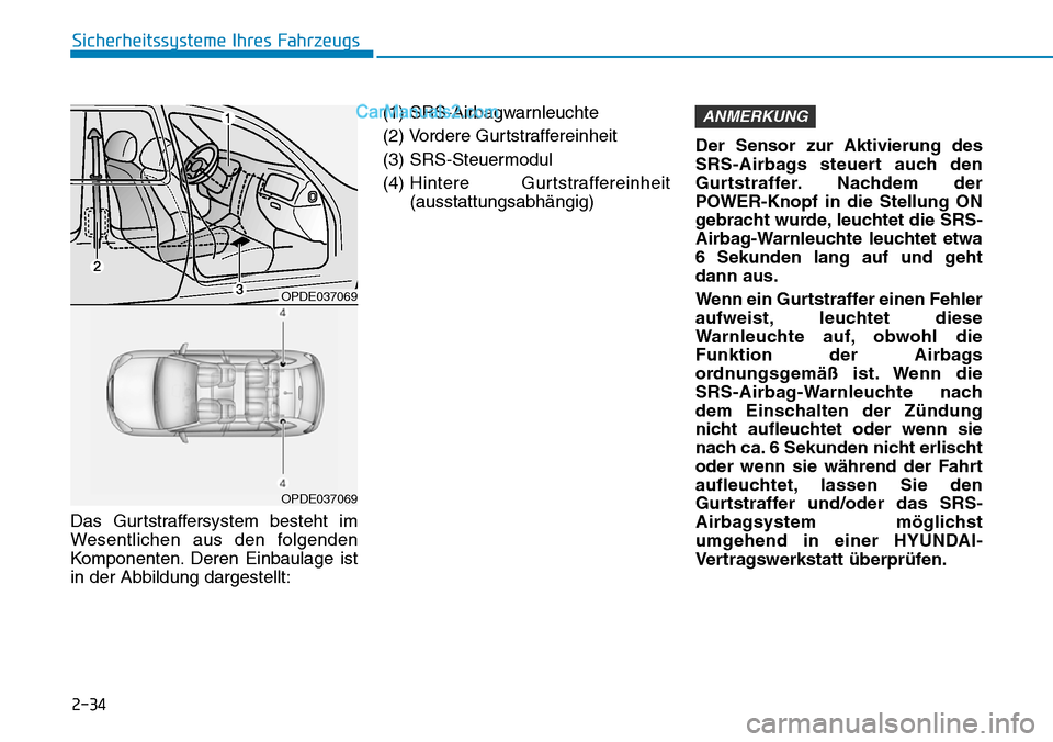 Hyundai Ioniq 2019 Betriebsanleitung (in German) 2-34
Sicherheitssysteme Ihres Fahrzeugs
Das Gurtstraffersystem besteht im
Wesentlichen aus den folgenden
Komponenten. Deren Einbaulage ist
in der Abbildung dargestellt: (1) SRS-Airbagwarnleuchte
(2) V Hyundai Ioniq 2019 Betriebsanleitung (in German) 2-34
Sicherheitssysteme Ihres Fahrzeugs
Das Gurtstraffersystem besteht im
Wesentlichen aus den folgenden
Komponenten. Deren Einbaulage ist
in der Abbildung dargestellt: (1) SRS-Airbagwarnleuchte
(2) V