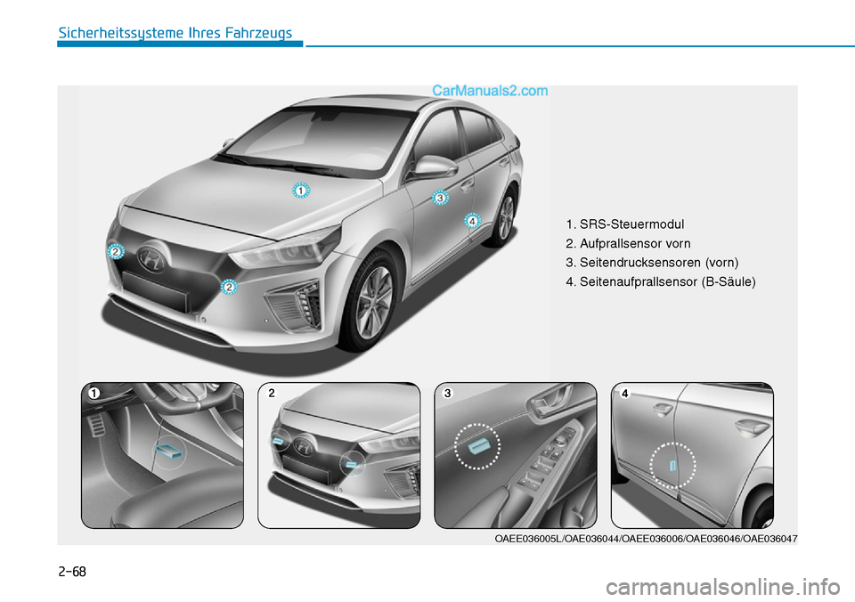 Hyundai Ioniq 2019 Betriebsanleitung (in German) 2-68
Sicherheitssysteme Ihres Fahrzeugs
1. SRS-Steuermodul
2. Aufprallsensor vorn
3. Seitendrucksensoren (vorn)
4. Seitenaufprallsensor (B-Säule)
OAEE036005L/OAE036044/OAEE036006/OAE036046/OAE036047 Hyundai Ioniq 2019 Betriebsanleitung (in German) 2-68
Sicherheitssysteme Ihres Fahrzeugs
1. SRS-Steuermodul
2. Aufprallsensor vorn
3. Seitendrucksensoren (vorn)
4. Seitenaufprallsensor (B-Säule)
OAEE036005L/OAE036044/OAEE036006/OAE036046/OAE036047