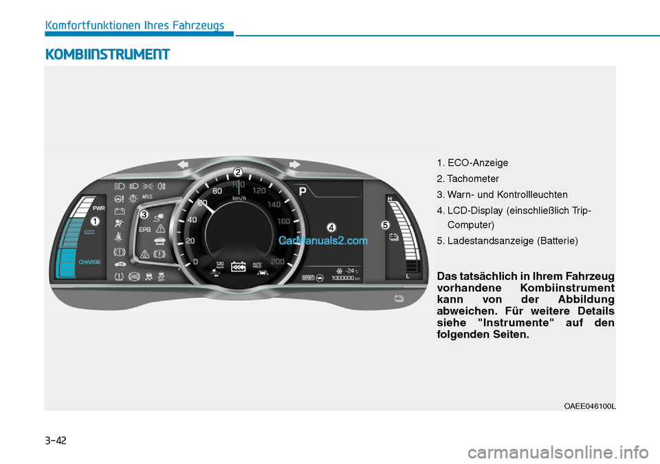 Hyundai Ioniq 2019  Betriebsanleitung (in German) 3-42
Komfortfunktionen Ihres Fahrzeugs
1. ECO-Anzeige
2. Tachometer
3. Warn- und Kontrollleuchten
4. LCD-Display (einschließlich Trip-Computer)
5. Ladestandsanzeige (Batterie)
OAEE046100L
KOMBIINSTRU