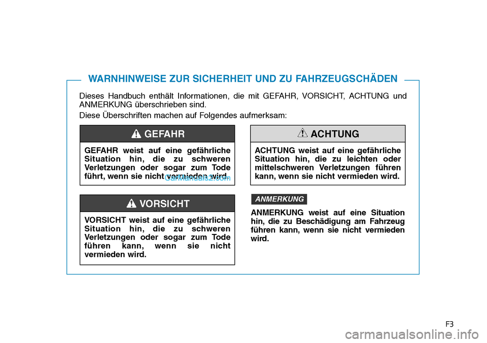 Hyundai Ioniq 2019  Betriebsanleitung (in German) F3
Dieses Handbuch enthält Informationen, die mit GEFAHR, VORSICHT, ACHTUNG und
ANMERKUNG überschrieben sind.
Diese Überschriften machen auf Folgendes aufmerksam:
WARNHINWEISE ZUR SICHERHEIT UND ZU