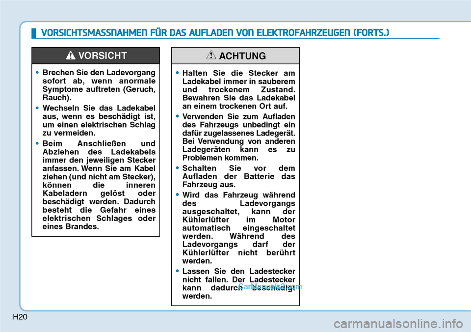 Hyundai Ioniq 2019  Betriebsanleitung (in German) H20
•Brechen Sie den Ladevorgang
sofort ab, wenn anormale
Symptome auftreten (Geruch,
Rauch).
• Wechseln Sie das Ladekabel
aus, wenn es beschädigt ist,
um einen elektrischen Schlag
zu vermeiden.
