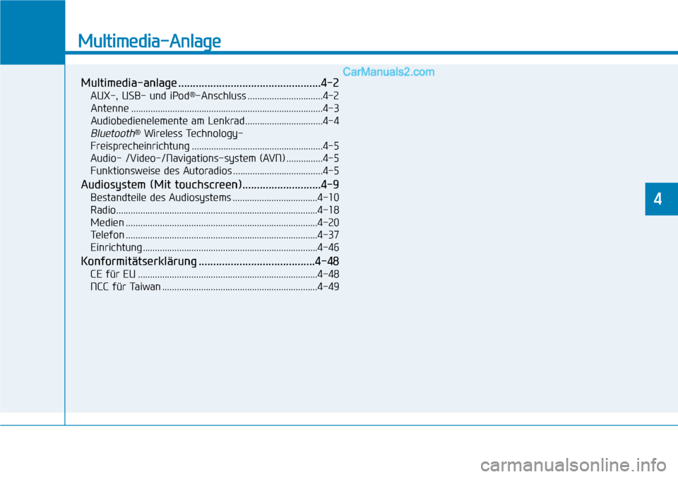 Hyundai Ioniq 2019 Betriebsanleitung (in German) Multimedia-Anlage
Multimedia-anlage .................................................4-2
AUX-, USB- und iPod®-Anschluss ...............................4-2
Antenne ................................... Hyundai Ioniq 2019 Betriebsanleitung (in German) Multimedia-Anlage
Multimedia-anlage .................................................4-2
AUX-, USB- und iPod®-Anschluss ...............................4-2
Antenne ...................................