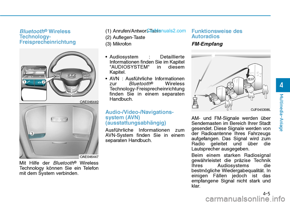 Hyundai Ioniq 2019  Betriebsanleitung (in German) Bluetooth®Wireless
Technology-
Freisprecheinrichtung
Mit Hilfe der Bluetooth®Wireless
Technology können Sie ein Telefon
mit dem System verbinden. (1) Anrufen/Antwort-Taste
(2) Auflegen-Taste
(3) Mi