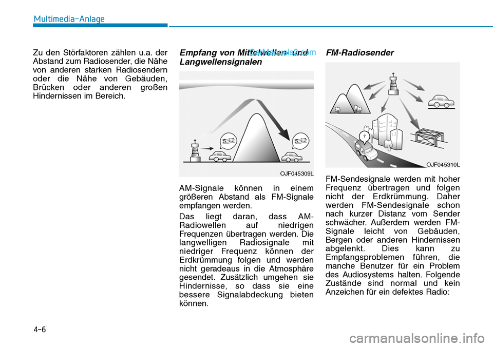Hyundai Ioniq 2019 Betriebsanleitung (in German) 4-6
Multimedia-Anlage
Zu den Störfaktoren zählen u.a. der
Abstand zum Radiosender, die Nähe
von anderen starken Radiosendern
oder die Nähe von Gebäuden,
Brücken oder anderen großen
Hindernisse Hyundai Ioniq 2019 Betriebsanleitung (in German) 4-6
Multimedia-Anlage
Zu den Störfaktoren zählen u.a. der
Abstand zum Radiosender, die Nähe
von anderen starken Radiosendern
oder die Nähe von Gebäuden,
Brücken oder anderen großen
Hindernisse