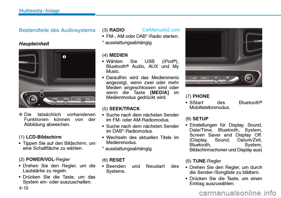Hyundai Ioniq 2019 Betriebsanleitung (in German) 4-10
Multimedia-Anlage
Bestandteile des Audiosystems
Haupteinheit
❈Die tatsächlich vorhandenen
Funktionen können von der
Abbildung abweichen.
(1) LCD-Bildschirm
• Tippen Sie auf den Bildschirm Hyundai Ioniq 2019 Betriebsanleitung (in German) 4-10
Multimedia-Anlage
Bestandteile des Audiosystems
Haupteinheit
❈Die tatsächlich vorhandenen
Funktionen können von der
Abbildung abweichen.
(1) LCD-Bildschirm
• Tippen Sie auf den Bildschirm