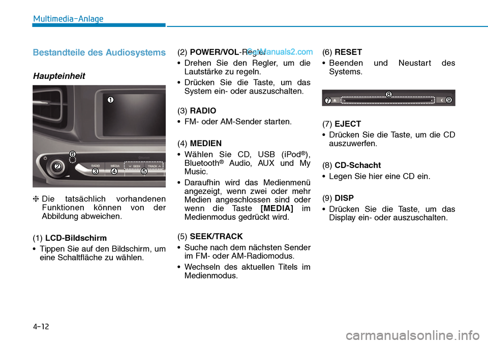 Hyundai Ioniq 2019 Betriebsanleitung (in German) 4-12
Multimedia-Anlage
Bestandteile des Audiosystems
Haupteinheit
❈Die tatsächlich vorhandenen
Funktionen können von der
Abbildung abweichen.
(1) LCD-Bildschirm
• Tippen Sie auf den Bildschirm Hyundai Ioniq 2019 Betriebsanleitung (in German) 4-12
Multimedia-Anlage
Bestandteile des Audiosystems
Haupteinheit
❈Die tatsächlich vorhandenen
Funktionen können von der
Abbildung abweichen.
(1) LCD-Bildschirm
• Tippen Sie auf den Bildschirm